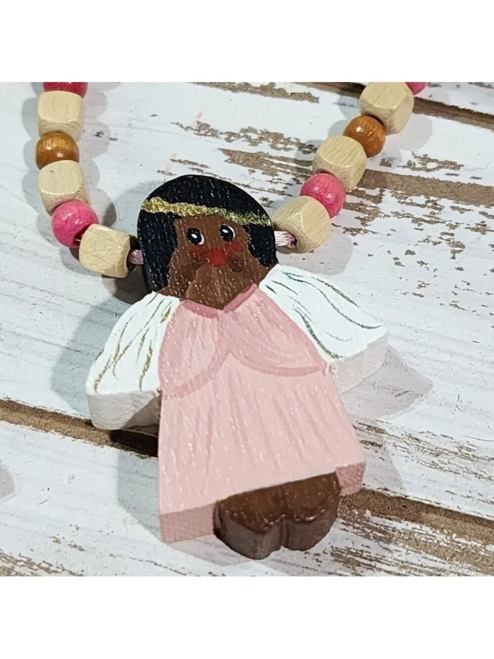 Handmade Handpainted praying Angel Holiday Christmas wood beaded necklace signed